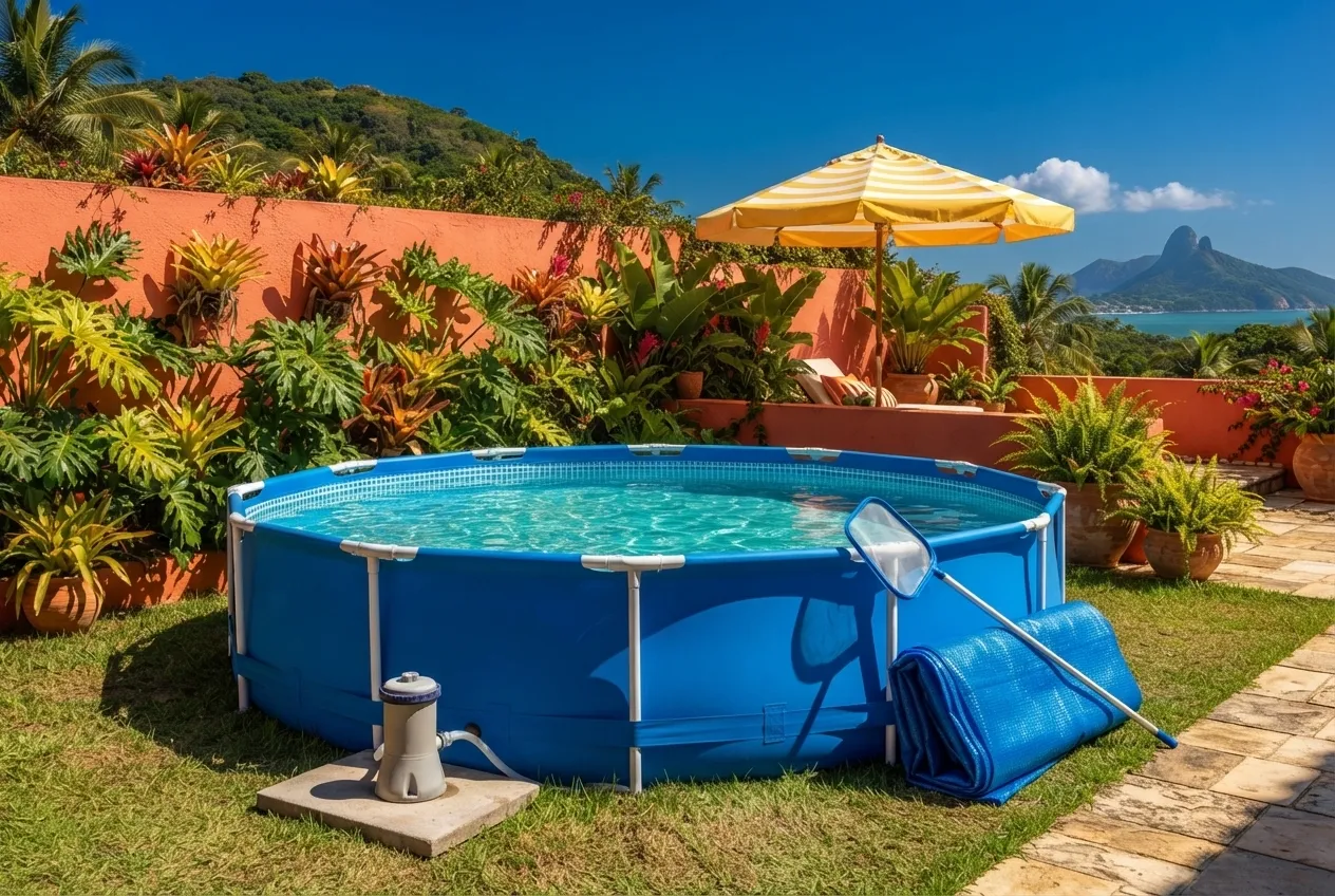 Piscina redonda de armação montada no gramado, com filtro ao lado e guarda-sol listrado (cena ilustrativa)