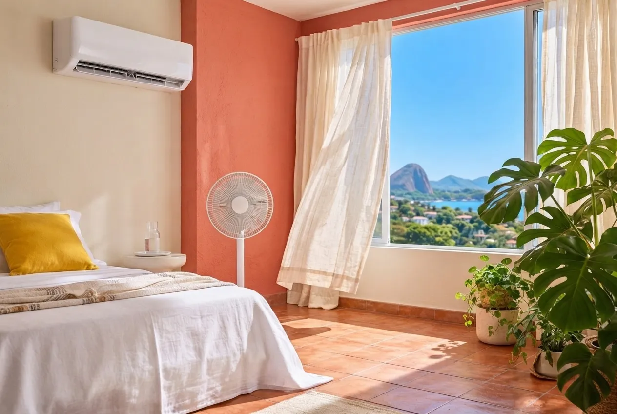 Quarto claro com ar condicionado split na parede, ventilador de pé e almofada amarela (cena ilustrativa)