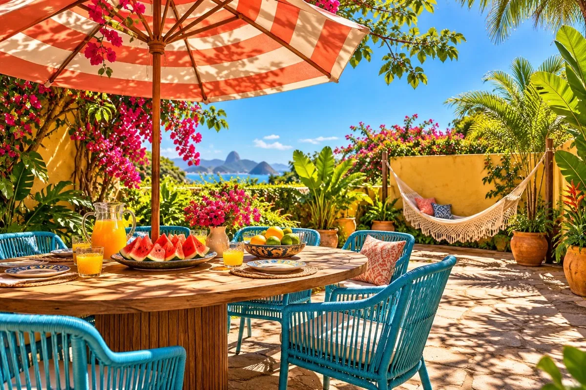 Mesa ao ar livre com sombra listrada, suco e plantas tropicais