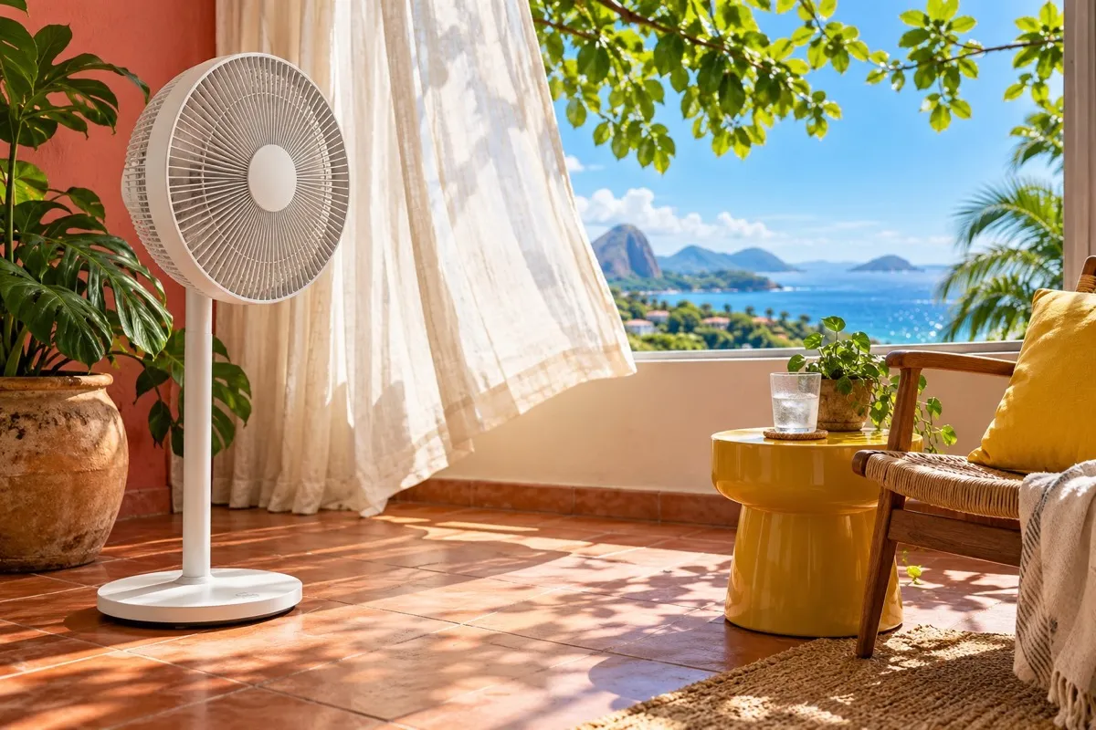 Sala ensolarada com ventilador, cortina leve e cores de verão