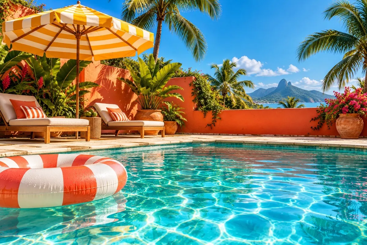 Piscina turquesa, boia listrada e guarda-sol amarelo sob céu azul