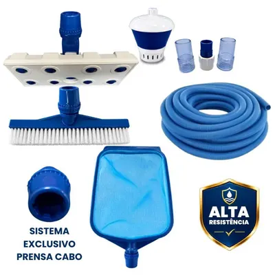 Kit Limpeza Piscina Profissional Peneira Aspirador Esferas escova c clorador m mangueira