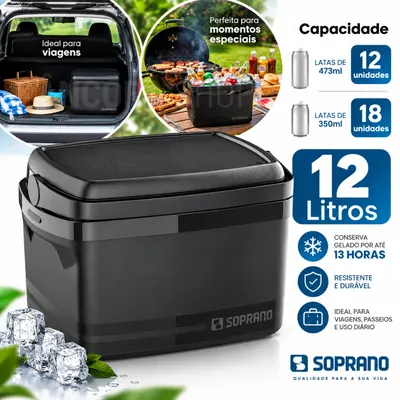 Caixa Térmica Cooler Soprano 12L com Alça Tampa Porta Latas Bebidas Praia Camping