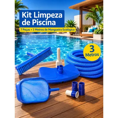 Kit Limpeza Completo para Piscina com Mangueira 3 Metros | Peneira + Escova + Aspirador +