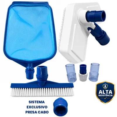 Kit Limpeza Piscina Peneira Aspirador Asa Delta Escova Reta Fibra Vinil Alvenaria