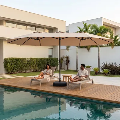 Ombrelone Lateral Duplo 2,7x4,6m com Base Desmontável 2 Sacos Areia 30L Impermeável UV